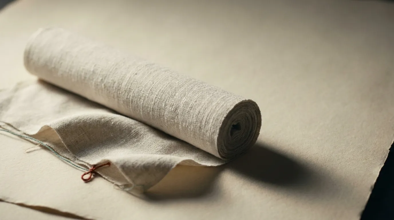 A roll of plain undyed cotton fabric partly unrolled on a paper-covered worktable