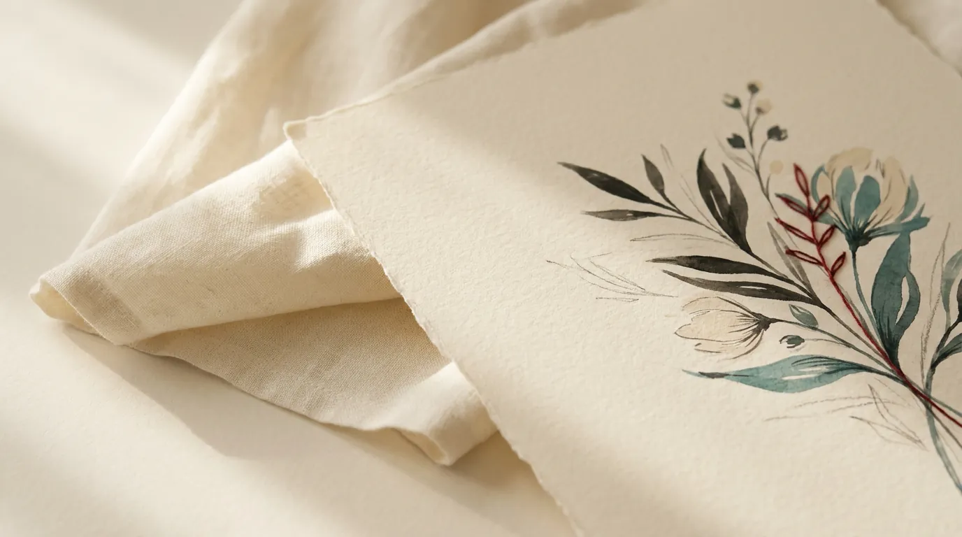 A hand-painted floral design on textured paper laid beside a length of plain ivory fabric