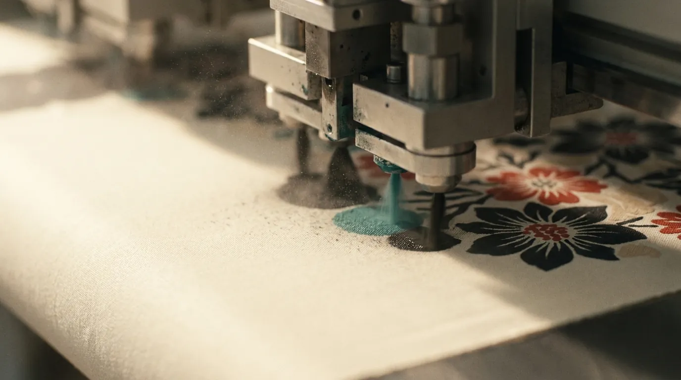 A textile printing head laying floral colour onto white fabric passing beneath it