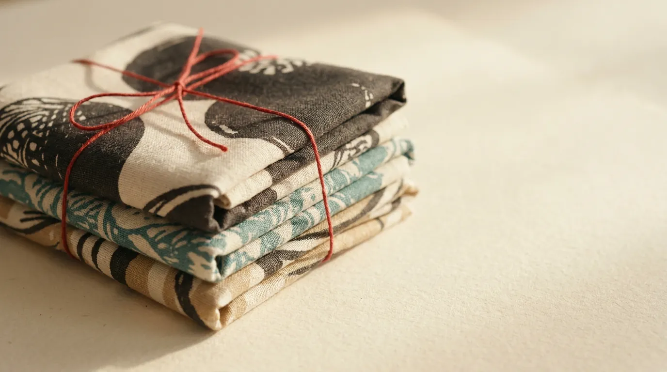 Three folded lengths of printed fabric tied with red thread, ready to send