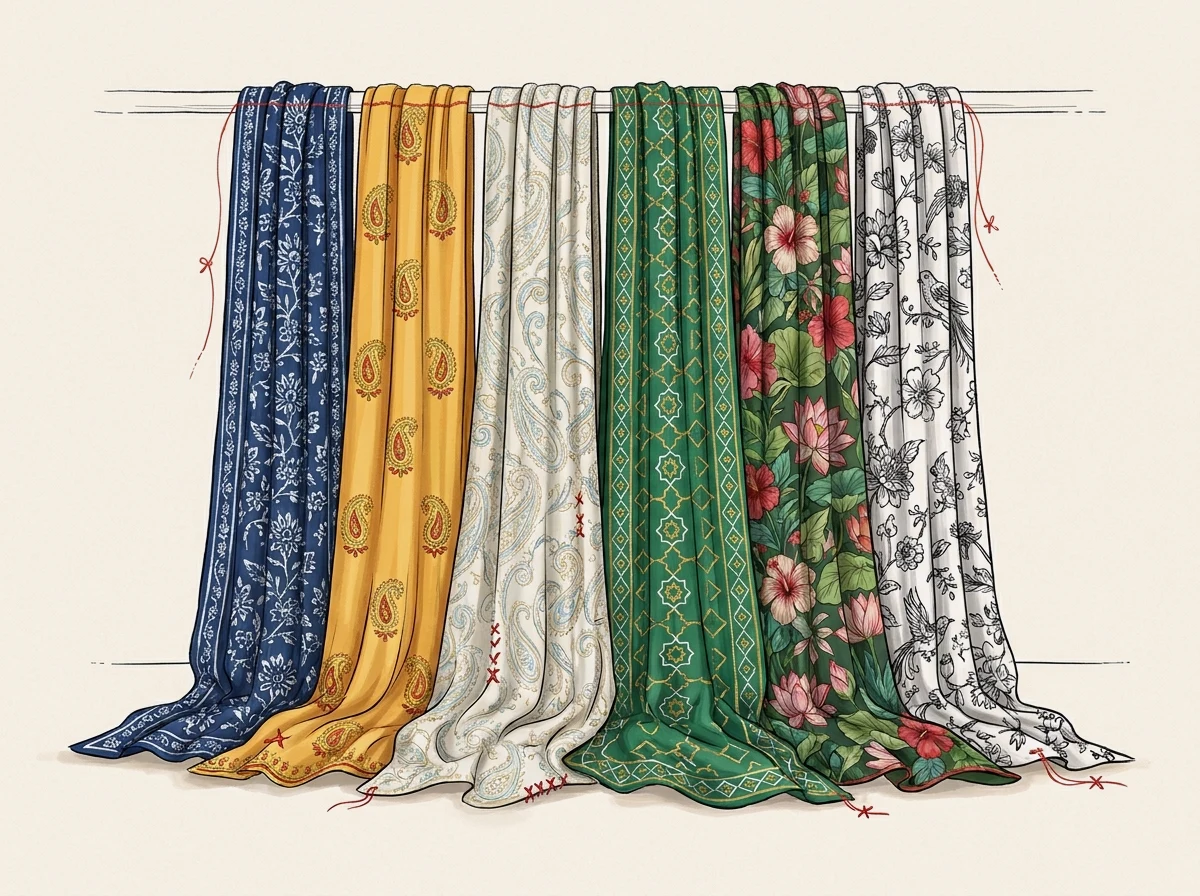Six lengths of printed fabric — indigo block-print, saffron, ivory paisley, emerald geometric, botanical floral and monochrome — hanging side by side from a rail.